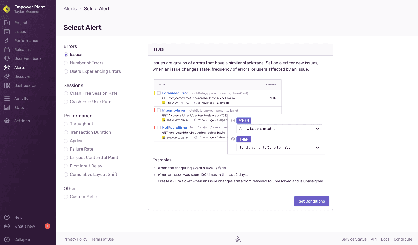 Choice between alerts about Errors, Sessions, Performance, or a Custom Metric